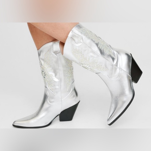 Nasty Gal Metallic Embellished Knee High Western Boots - Picture 2 of 5